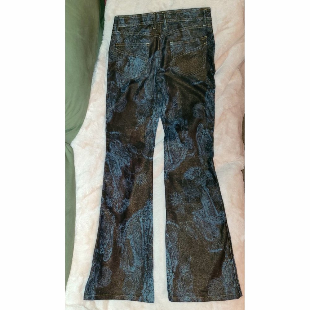NWOT Cache gold glitter metallic blue paisley jeans 15" across waist - Picture 3 of 10